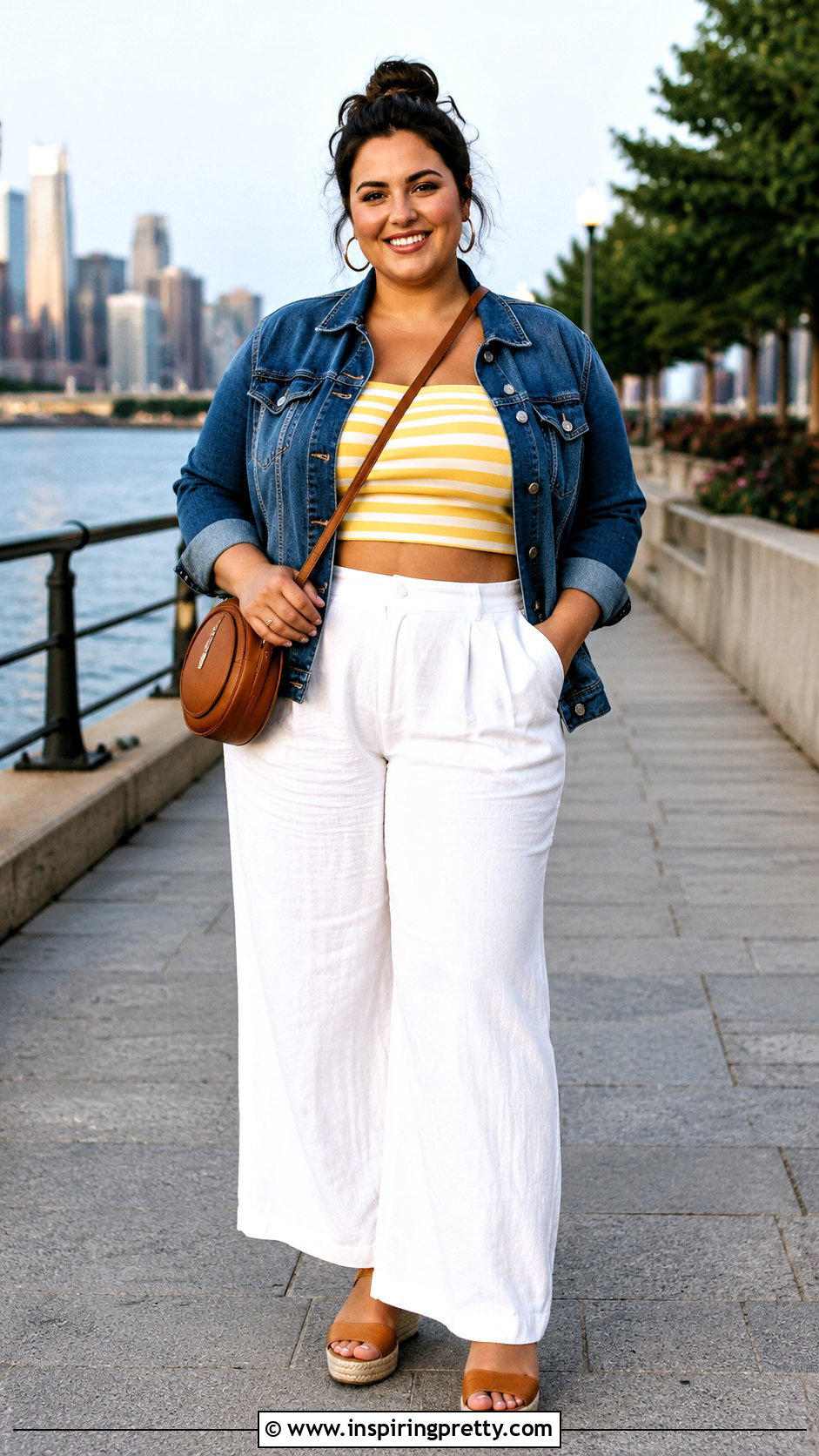 Yellow Striped Crop Top With Denim Jacket And White Pants - 20 yellow striped crop top outfit ideas
