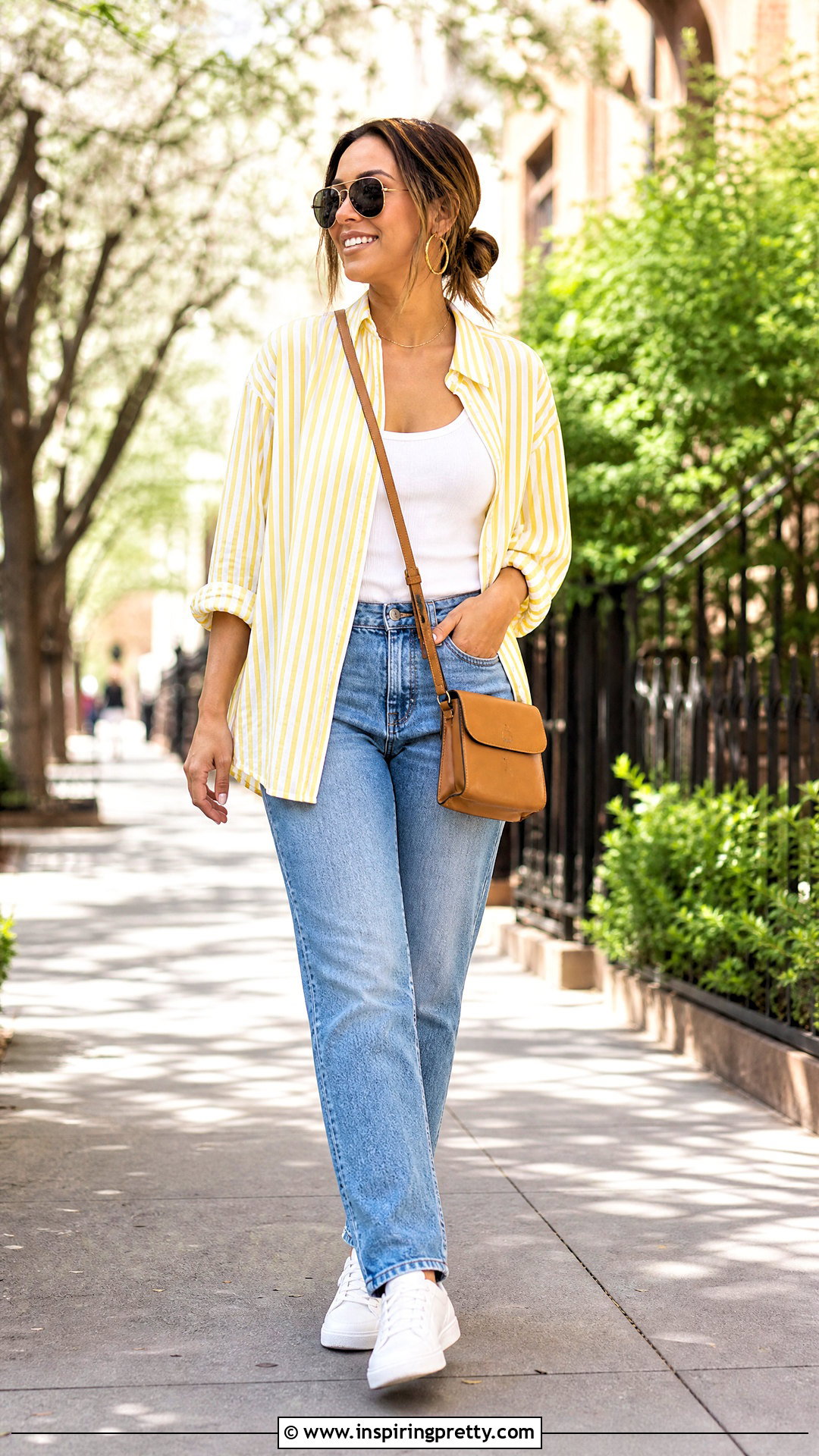 Yellow Striped Top With Blue Jeans - 50 yellow tops outfit ideas