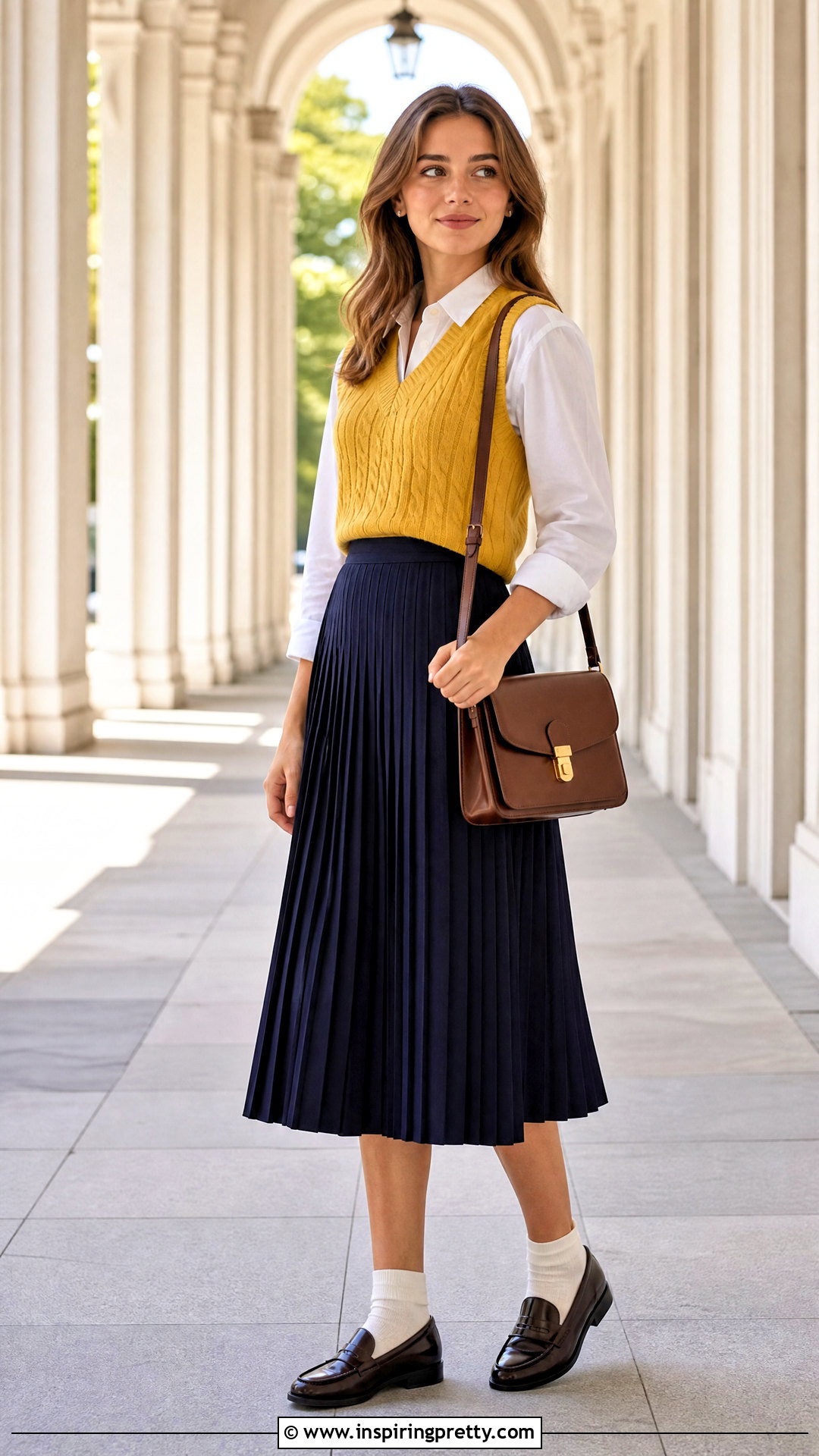 Yellow Sweater Vest Top With White Shirt And Skirt - 50 yellow tops outfit ideas