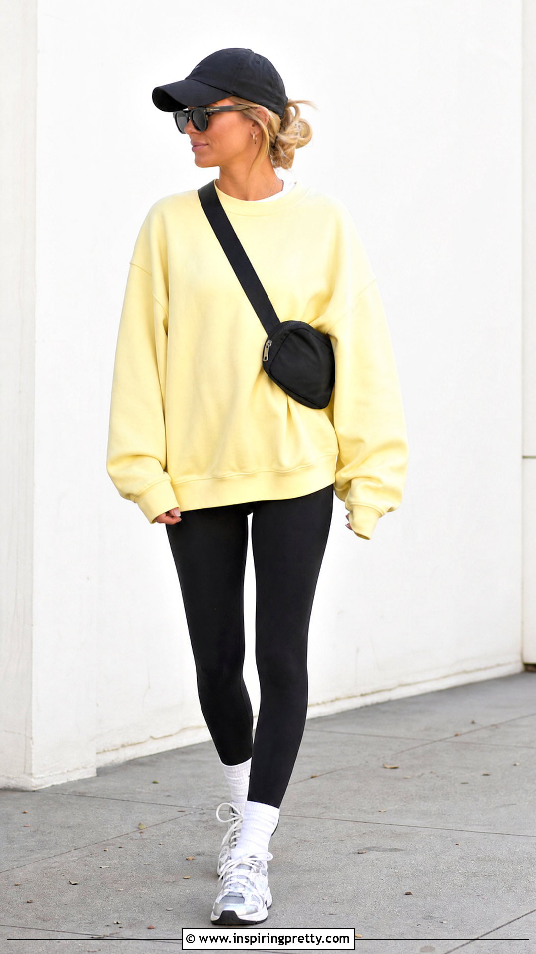 Yellow Sweatshirt Top With Black Leggings - 50 yellow tops outfit ideas