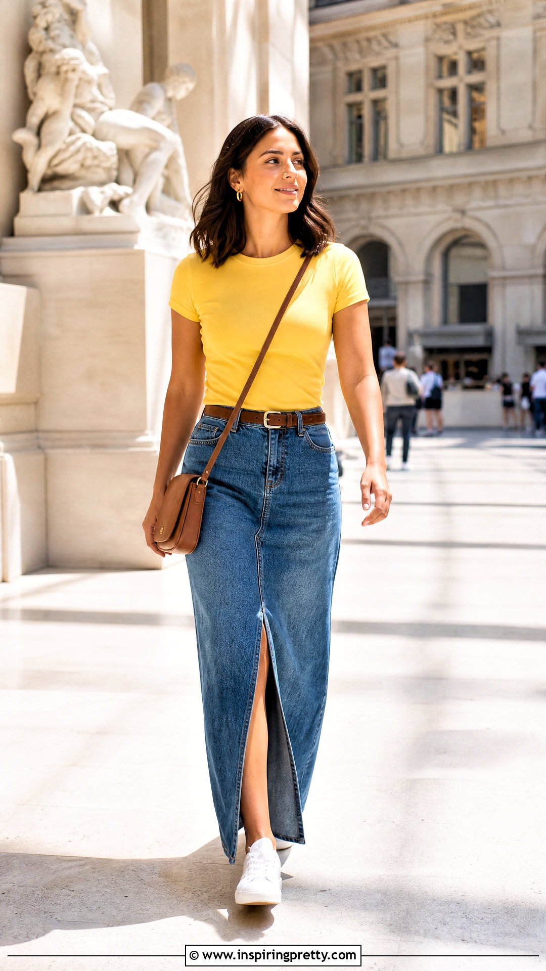 Yellow T Shirt With Denim Maxi Skirt - 50 cute yellow tops outfit ideas