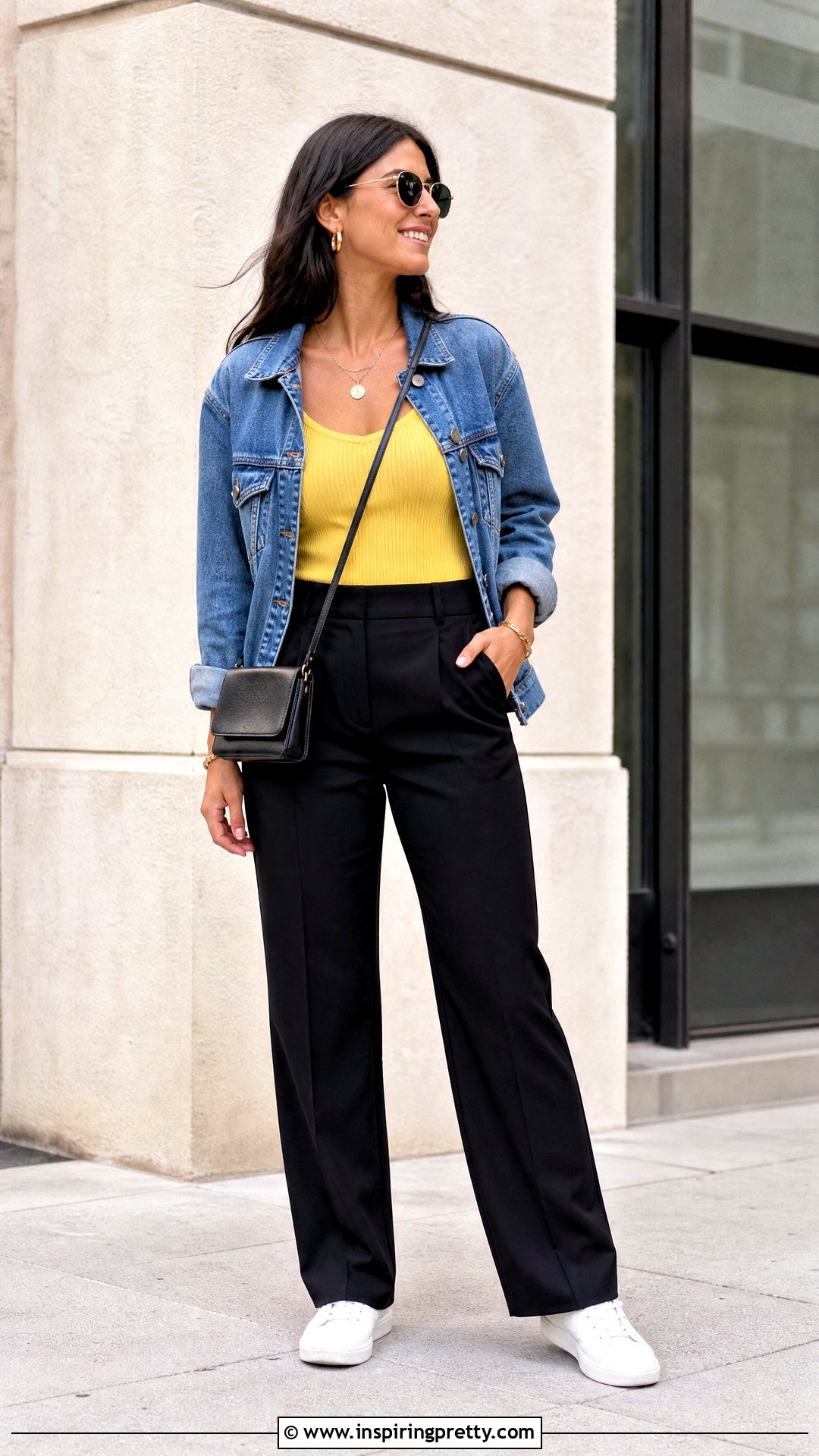 Yellow Tank Top With Denim Jacket and Black Pants - 50 yellow tank top outfit ideas