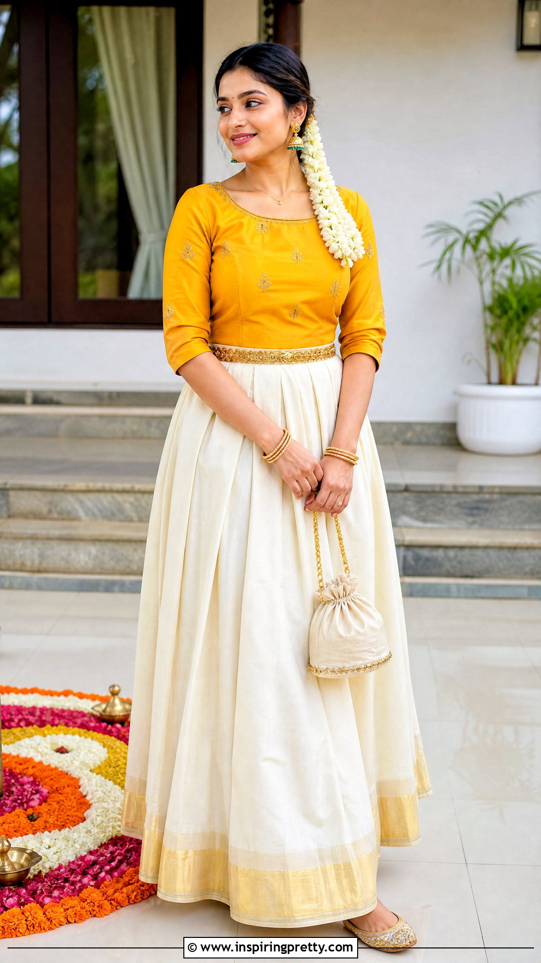 Yellow Top And White Gold Onam Skirt - 50 latest onam skirt and top designs