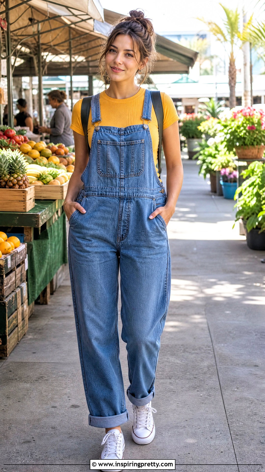 Yellow Top With Denim Overalls - 50 cute yellow tops outfit ideas