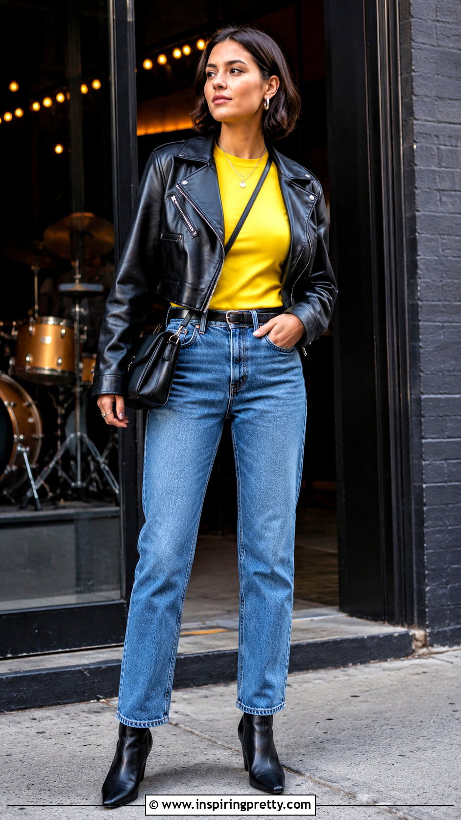 Yellow Top With Leather Jacket And Jeans - how to style yellow top (50 ways)