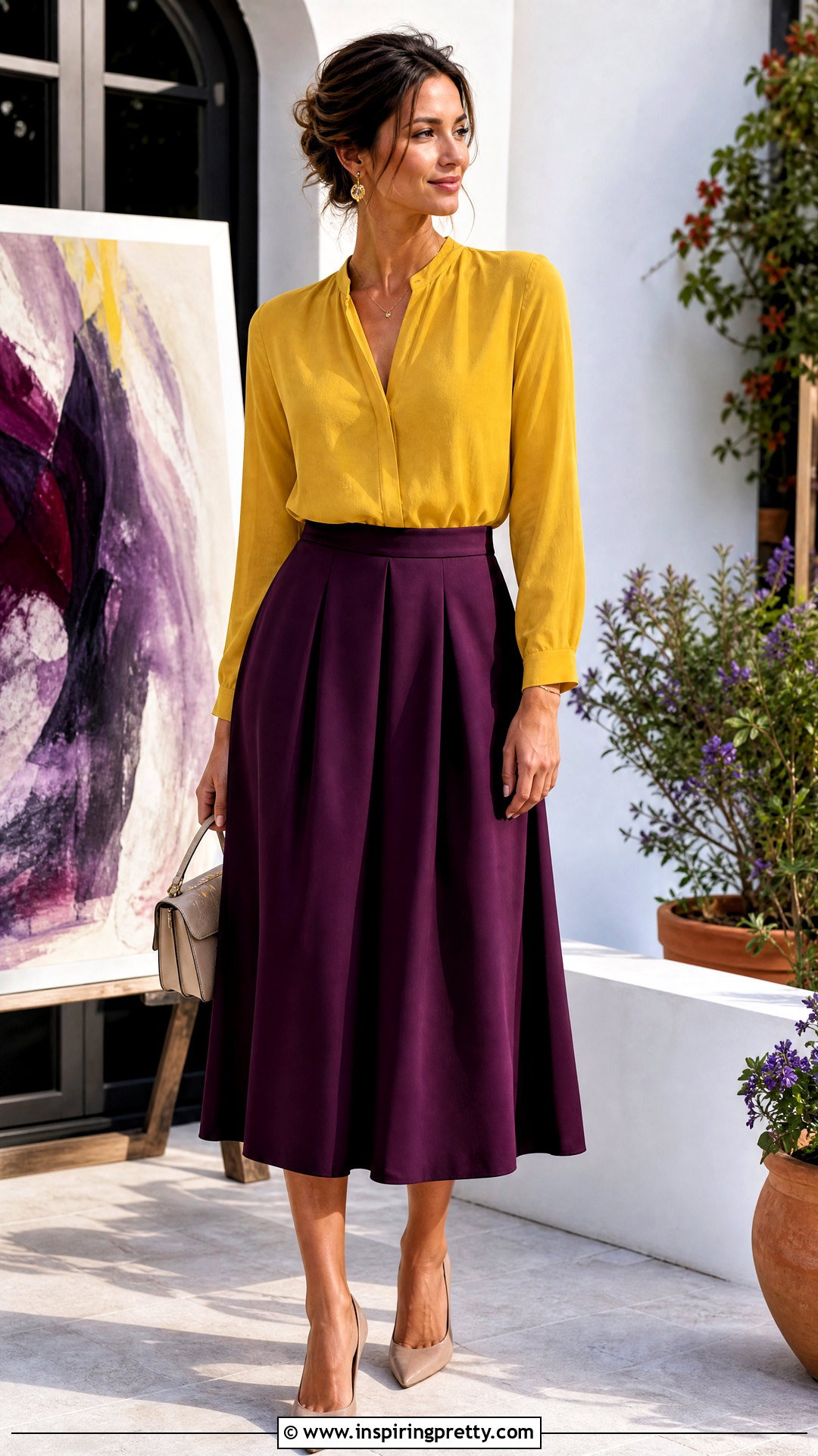 Yellow Top With Purple Midi Skirt - 50 yellow tops outfit ideas