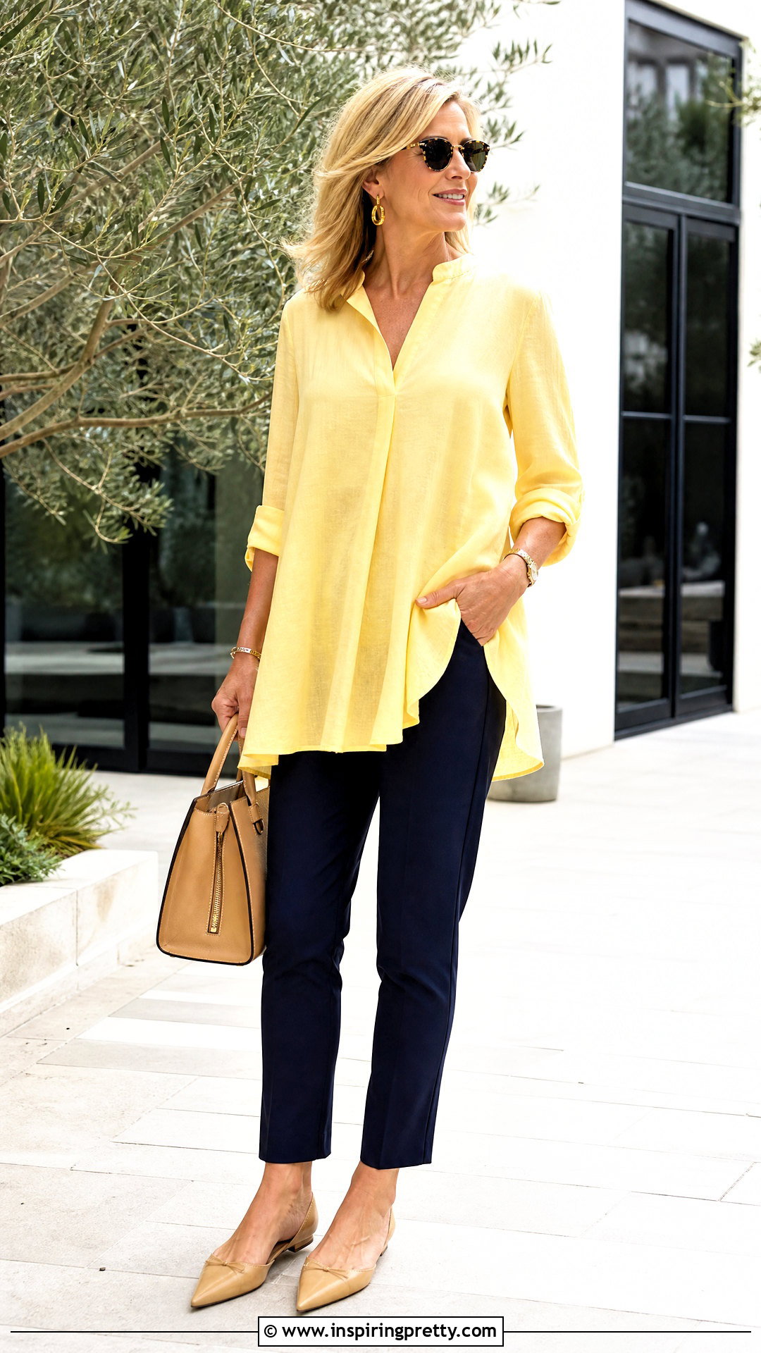 Yellow Tunic Top With Slim Ankle Pants - 50 yellow top outfit aesthetic ideas
