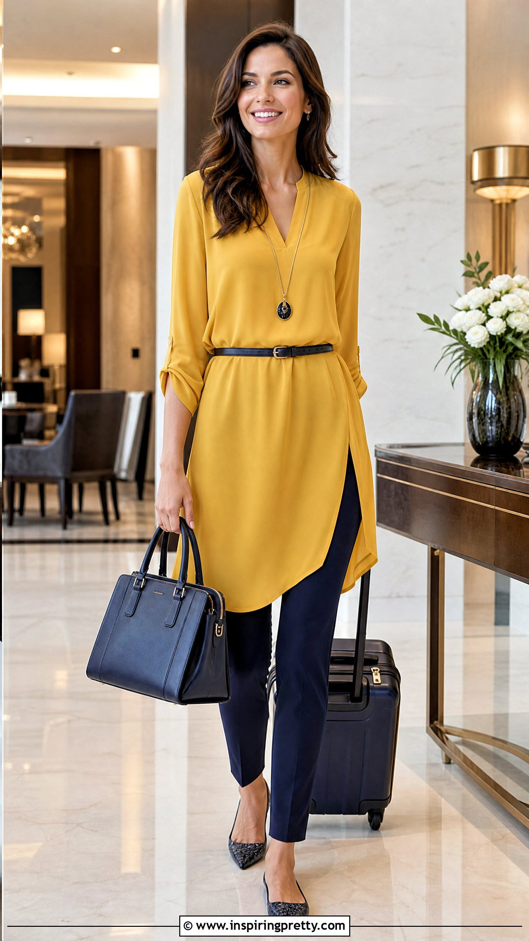 Yellow Tunic Top With Slim Pants - 50 yellow top outfit ideas