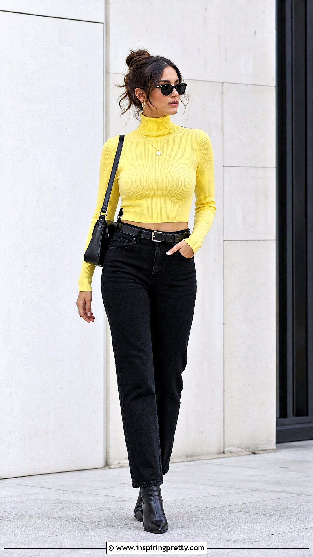 Yellow Turtleneck Crop Top With Black Jeans - 20 Yellow Turtleneck Crop Top outfit ideas