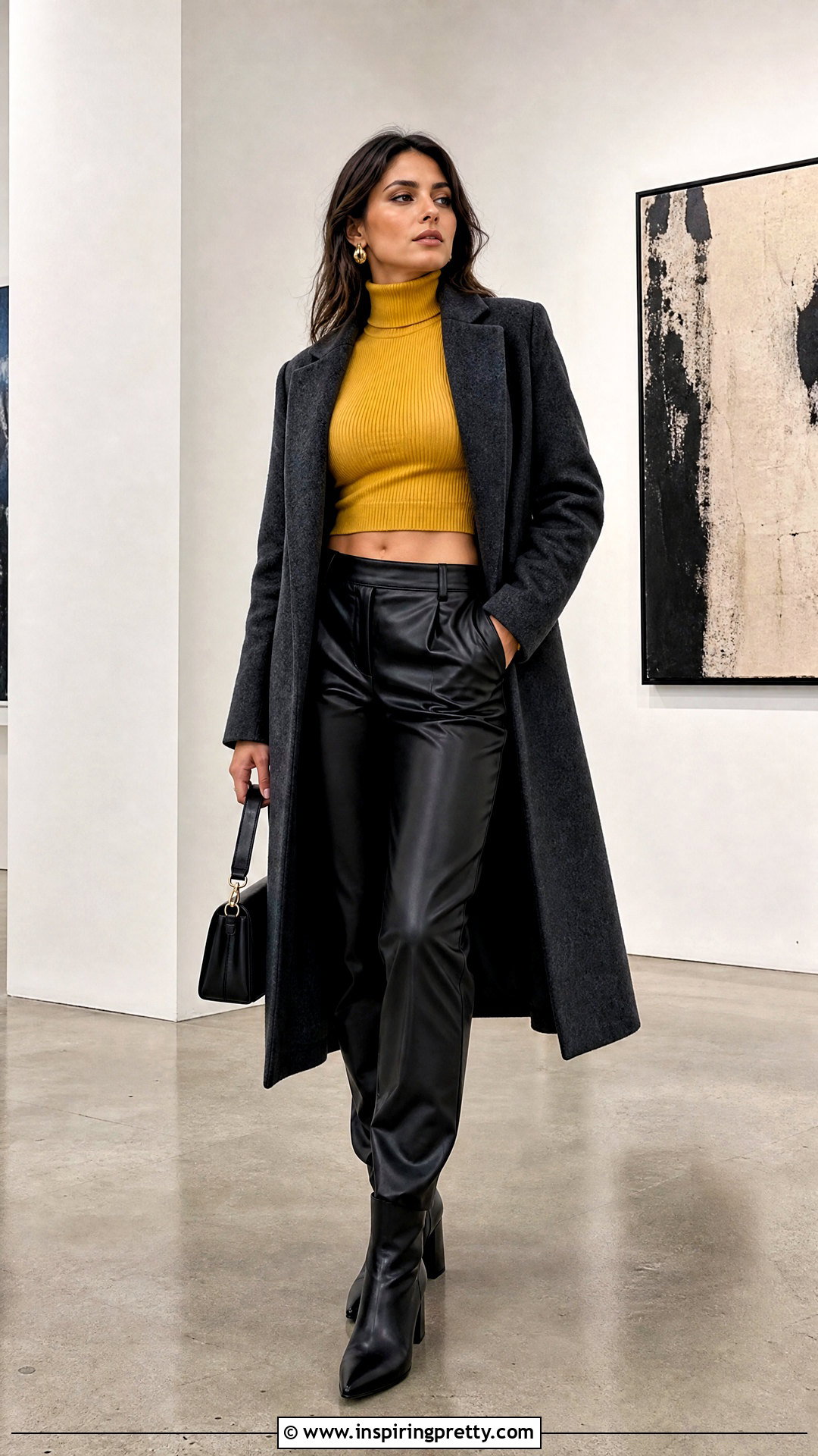Yellow Turtleneck Crop Top With Black Leather Pants - 20 Yellow Turtleneck Crop Top outfit ideas