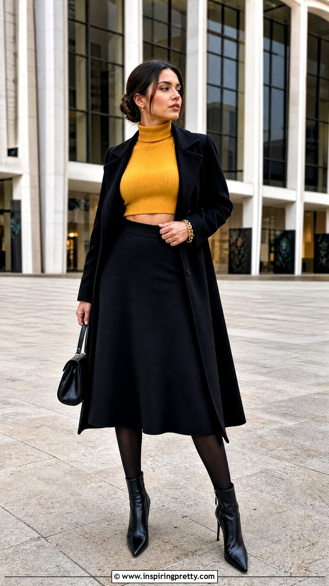 Yellow Turtleneck Crop Top With Black Midi Skirt - 20 Yellow Turtleneck Crop Top outfit ideas