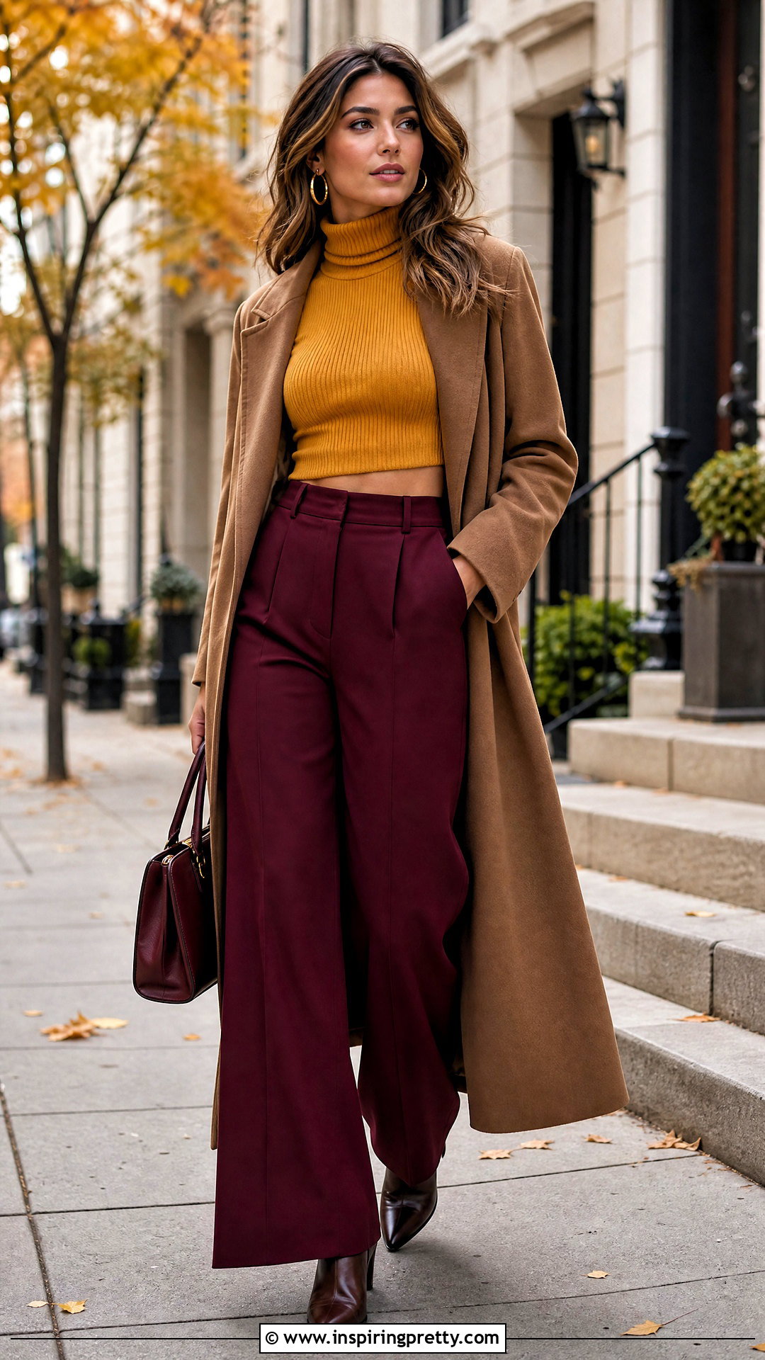 Yellow Turtleneck Crop Top With Burgundy Pants - 20 Yellow Turtleneck Crop Top outfit ideas