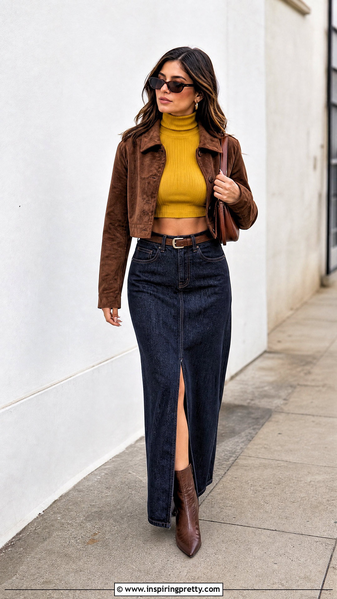 Yellow Turtleneck Crop Top With Denim Maxi Skirt - 20 Yellow Turtleneck Crop Top outfit ideas