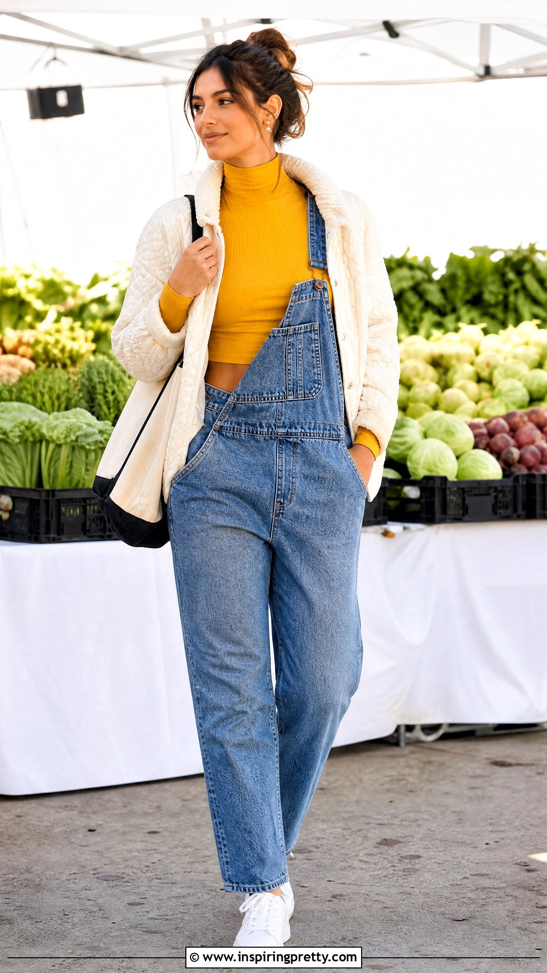 Yellow Turtleneck Crop Top With Denim Overalls - 20 Yellow Turtleneck Crop Top outfit ideas