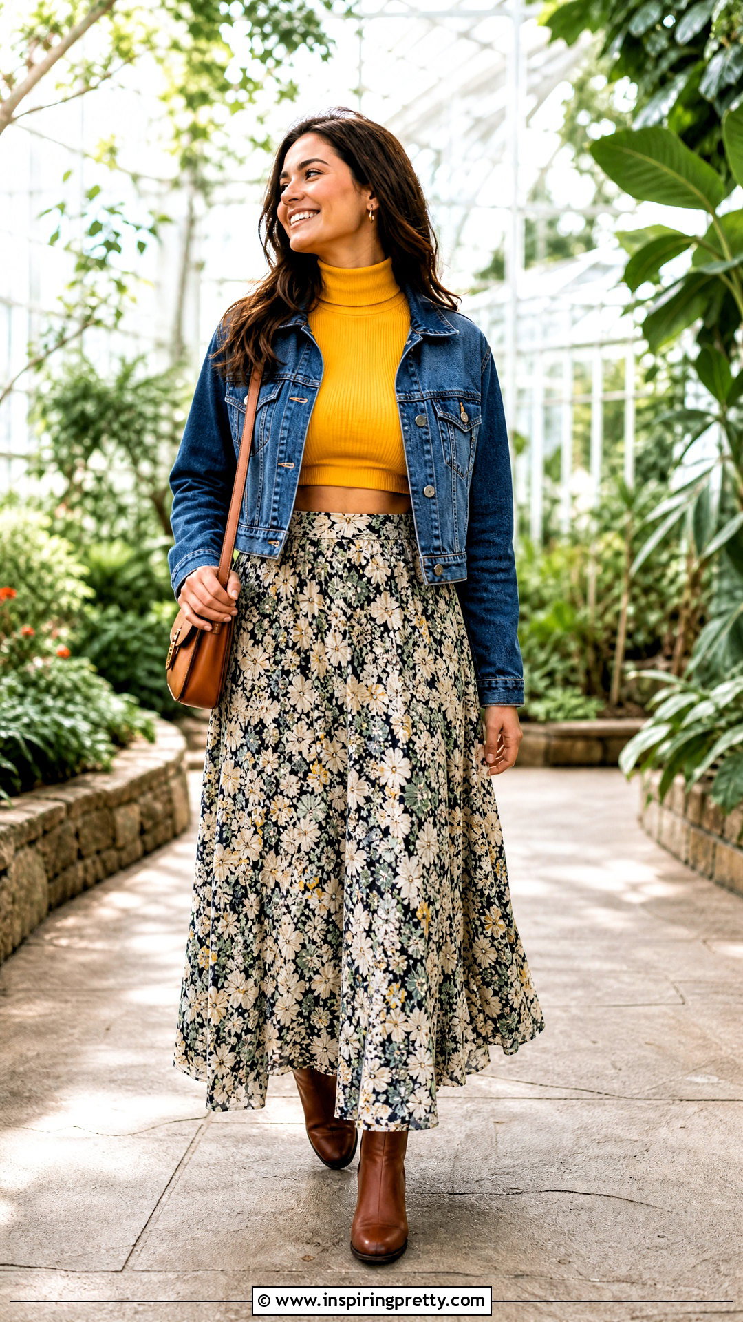 Yellow Turtleneck Crop Top With Floral Maxi Skirt - 20 Yellow Turtleneck Crop Top outfit ideas