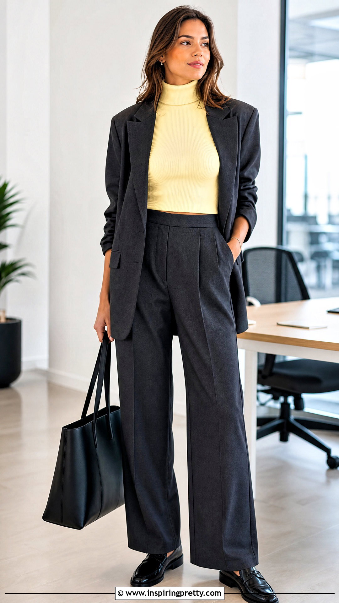 Yellow Turtleneck Crop Top With Gray Tailored Pants - 20 Yellow Turtleneck Crop Top outfit ideas