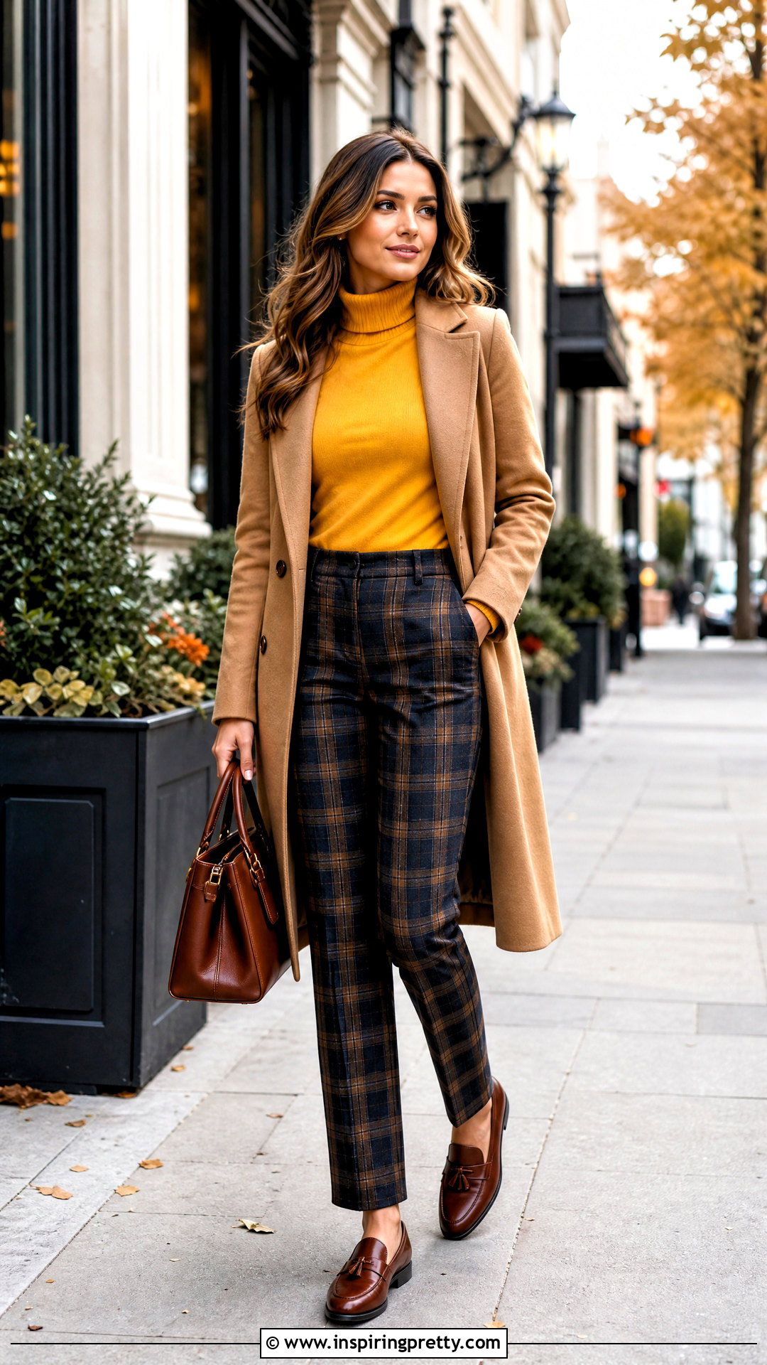 Yellow Turtleneck With Plaid Pants - 50 cute yellow tops outfit ideas