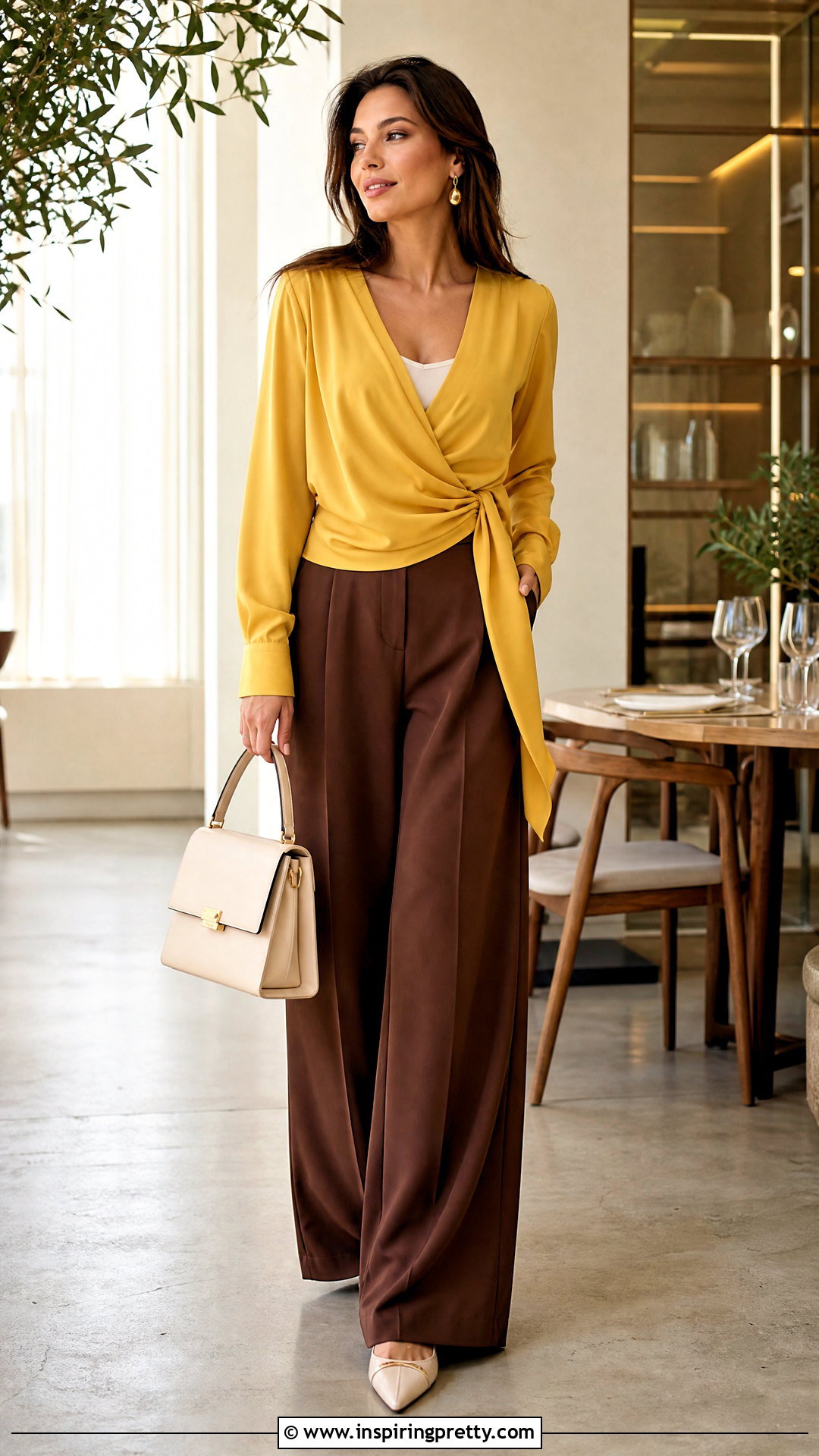Yellow Wrap Top With Wide Leg Pants - 50 yellow top outfit ideas