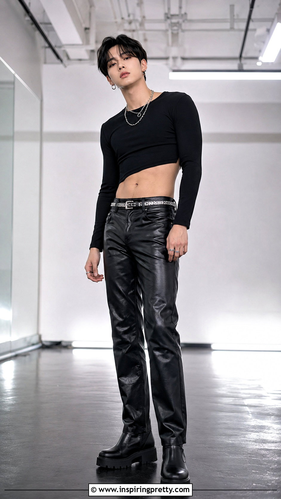 Yeonjun Black Crop Top With Leather Pants - 20 yeonjun in crop top outfit ideas