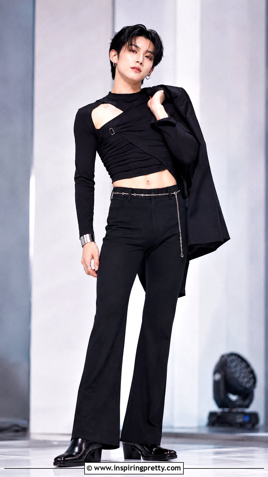 Yeonjun Black Cutout Crop Top With Flared Pants - 20 yeonjun in crop top outfit ideas