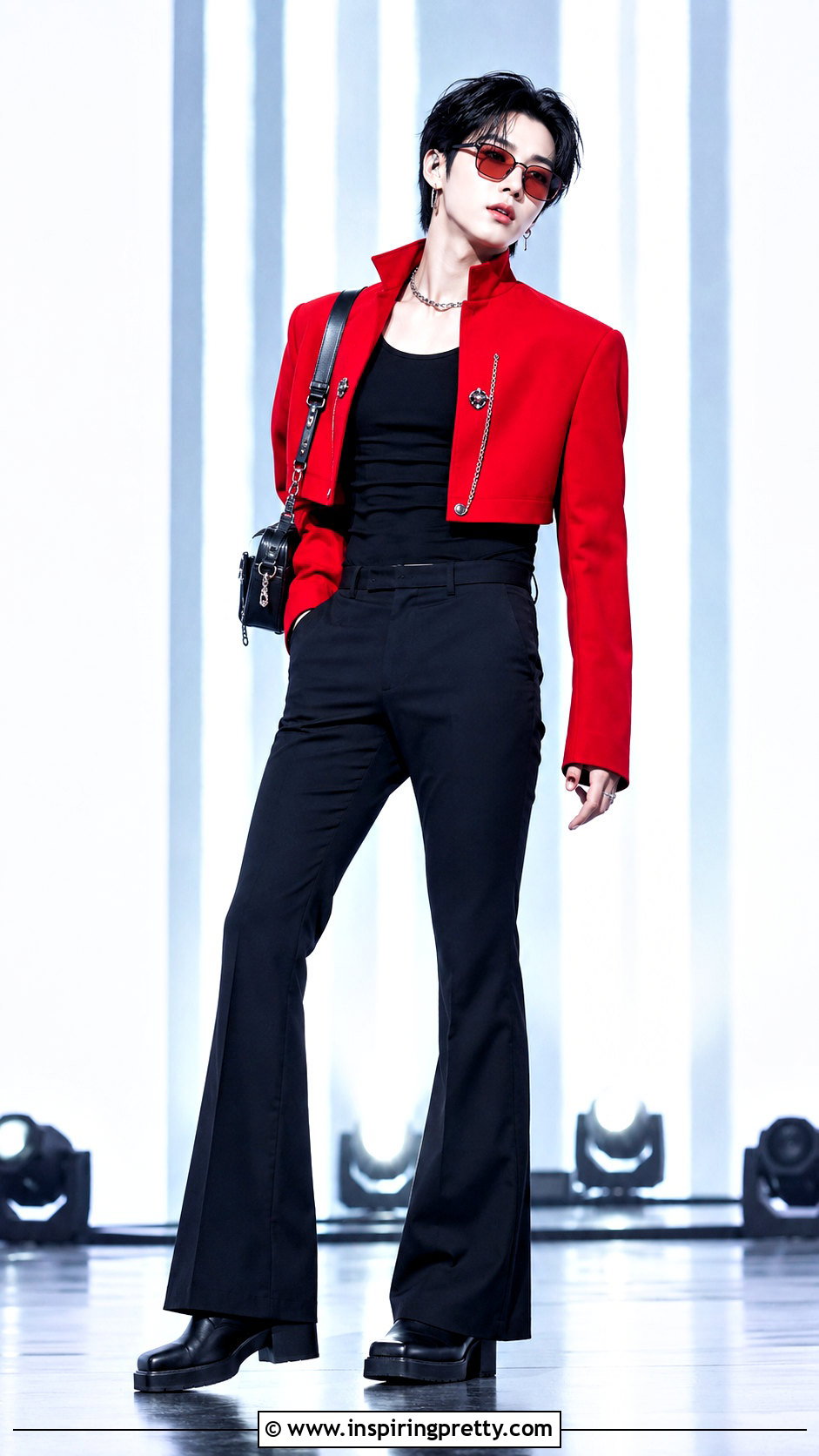 Yeonjun Red Cropped Jacket With Black Trousers - 20 yeonjun in crop top outfit ideas