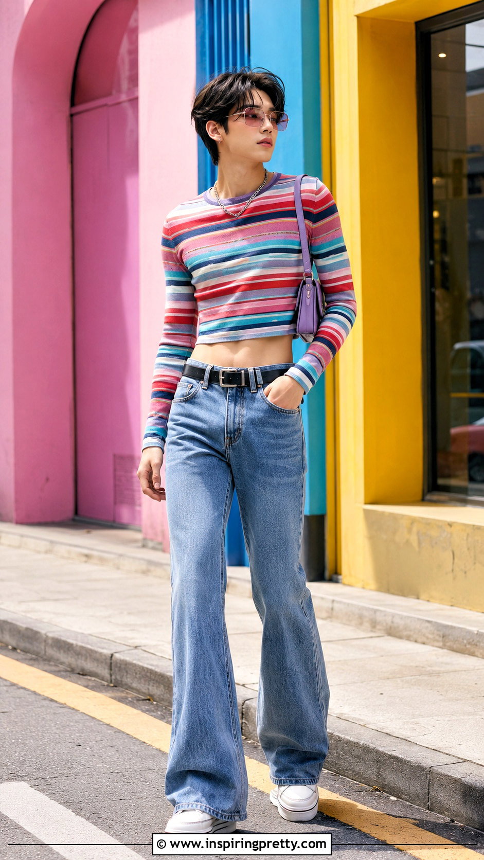 Yeonjun Striped Crop Top With Flared Jeans - 20 yeonjun in crop top outfit ideas