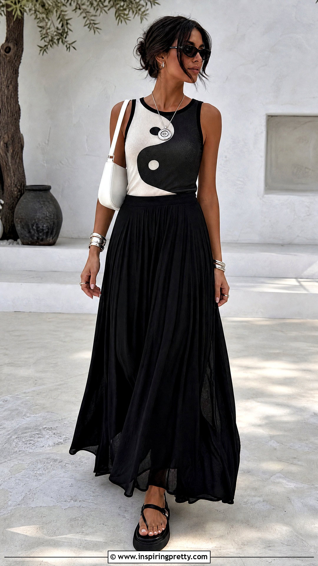 Yin Yang Tank Top With Black Maxi Skirt - 20 yin yang tank top outfit ideas