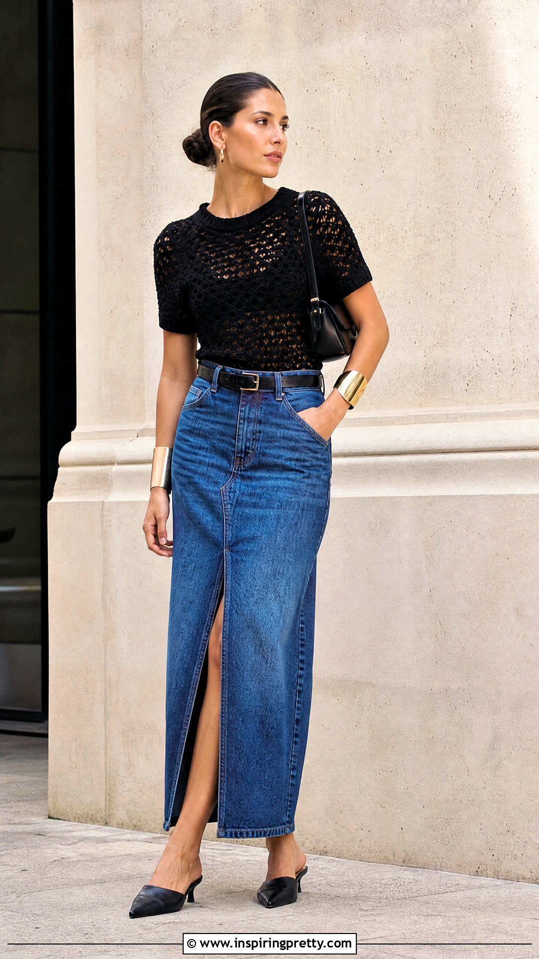 Zara Black Crochet Top With Denim Maxi Skirt - 20 zara black crochet top outfit ideas