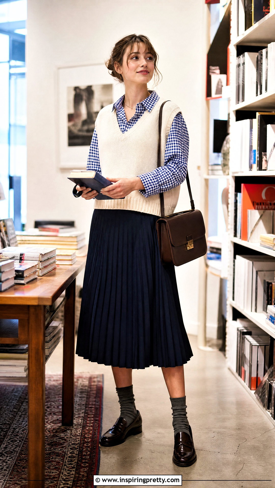 Zara Blue Gingham Top With Sweater Vest And Pleated Skirt - 20 zara blue gingham top outfit ideas