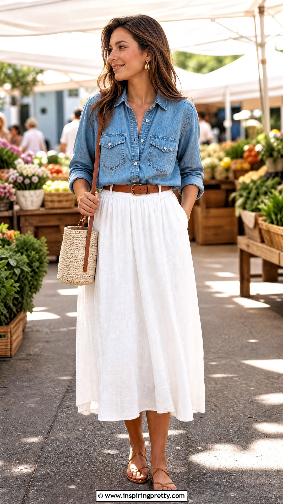 Zara Denim Shirt With White Midi Skirt - 50 zara tops outfit ideas