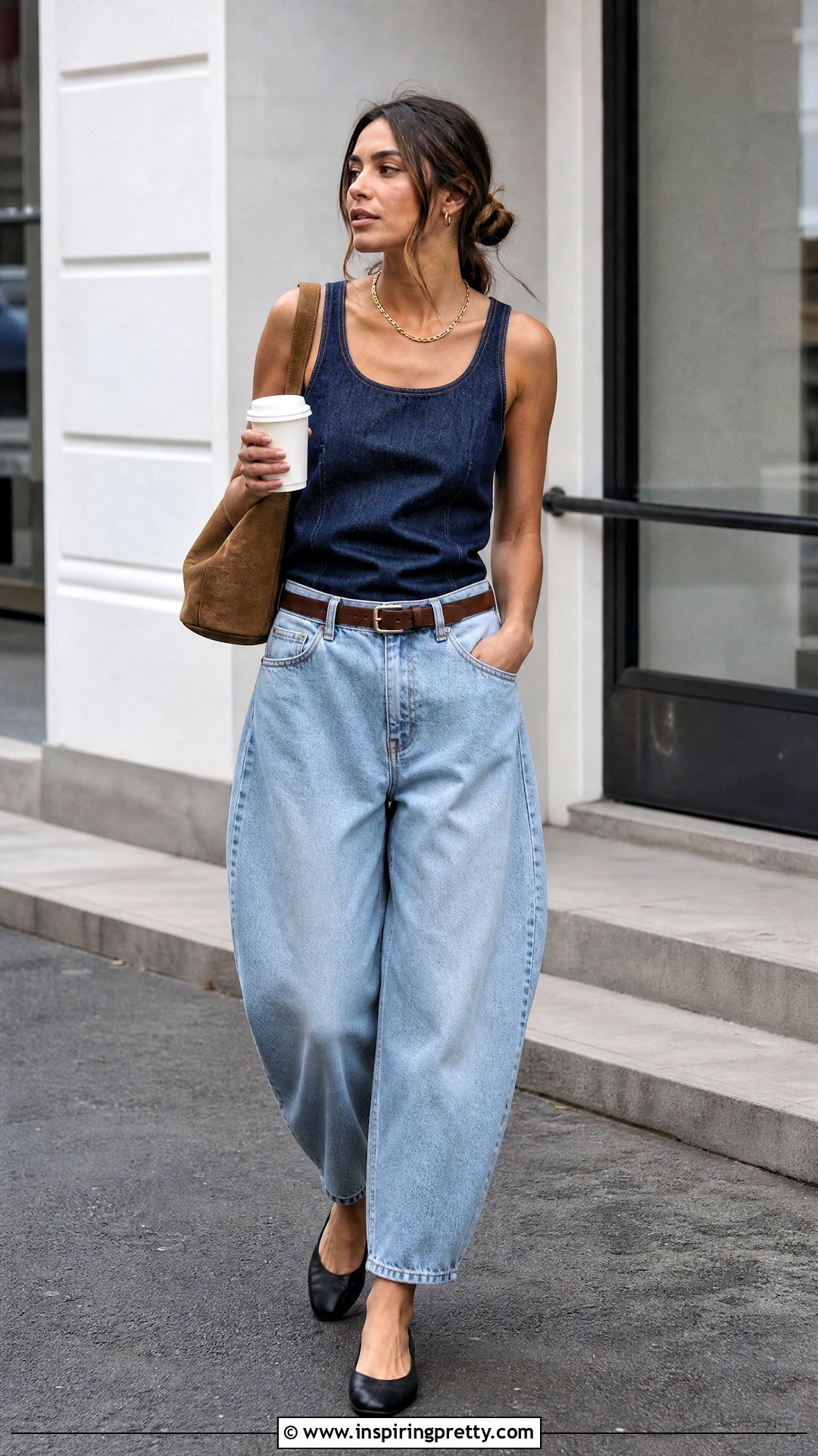 Zara Denim Tank Top With Barrel Leg Jeans - 20 zara denim tank top outfit ideas