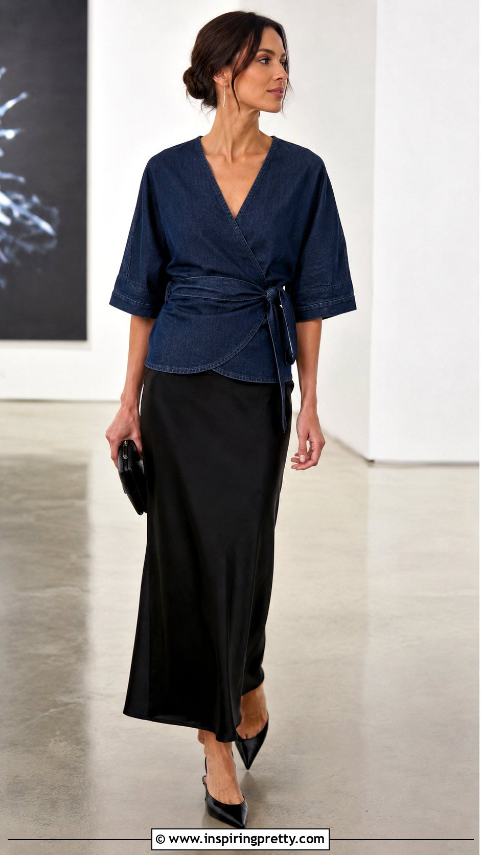 Zara Denim Wrap Top With Black Slip Skirt - 20 zara denim wrap top outfit ideas