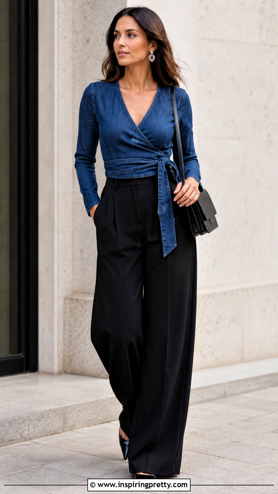 Zara Denim Wrap Top With Black Wide Leg Pants - 20 zara denim wrap top outfit ideas