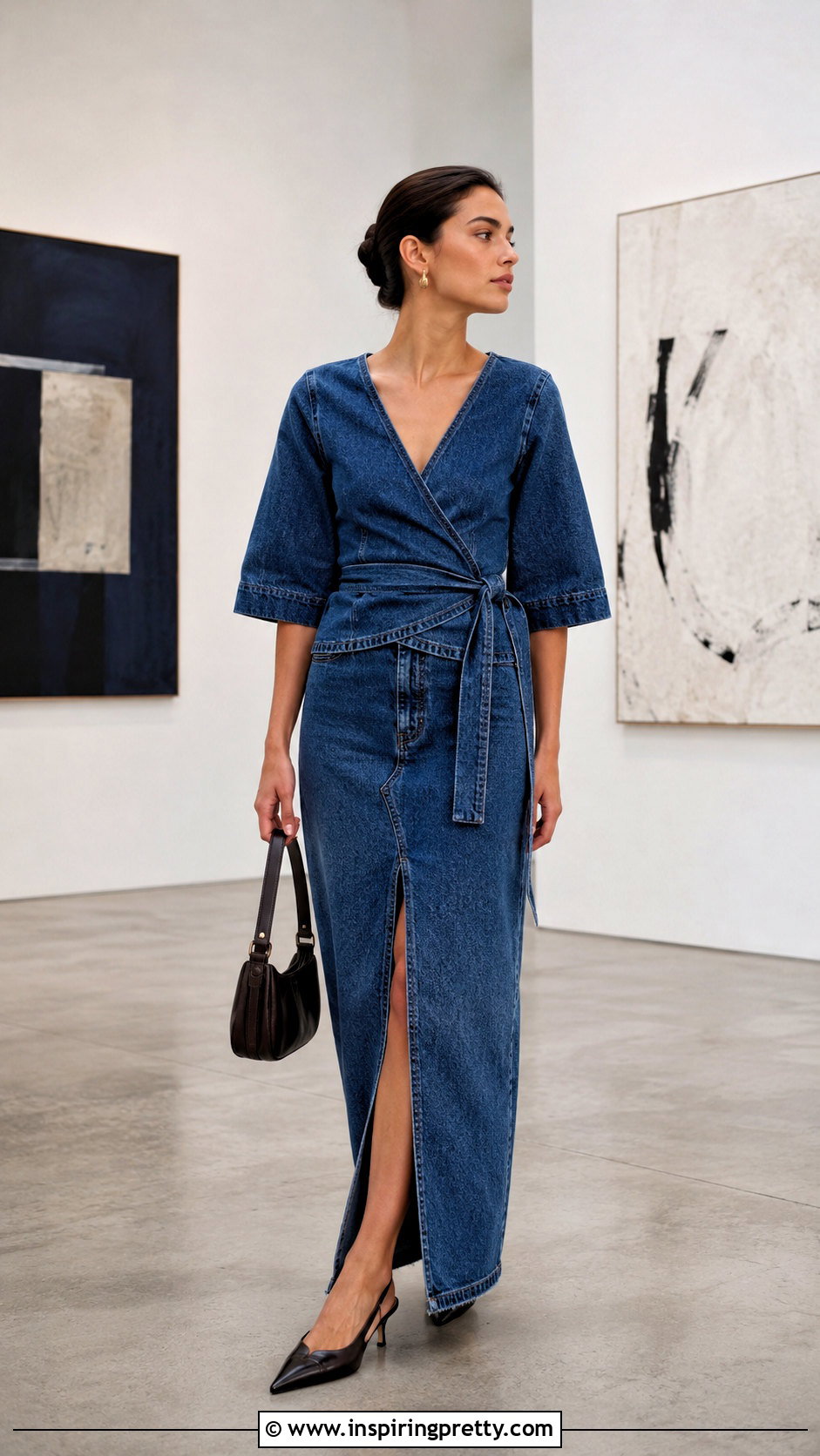 Zara Denim Wrap Top With Matching Denim Maxi Skirt - 20 zara denim wrap top outfit ideas