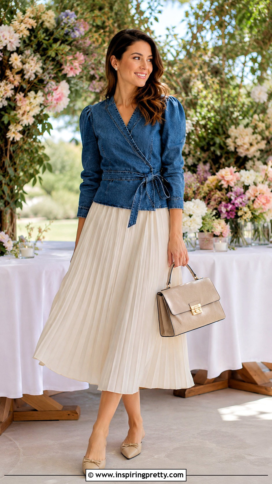 Zara Denim Wrap Top With Pleated Midi Skirt - 20 zara denim wrap top outfit ideas