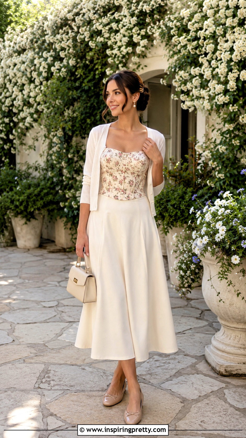 Zara Floral Corset Top With Cream Midi Skirt - 25 zara floral corset top outfit ideas