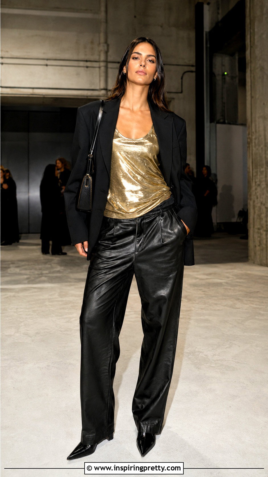 Zara Gold Tank Top With Black Blazer And Leather Pants - 20 gold tank top zara outfit ideas