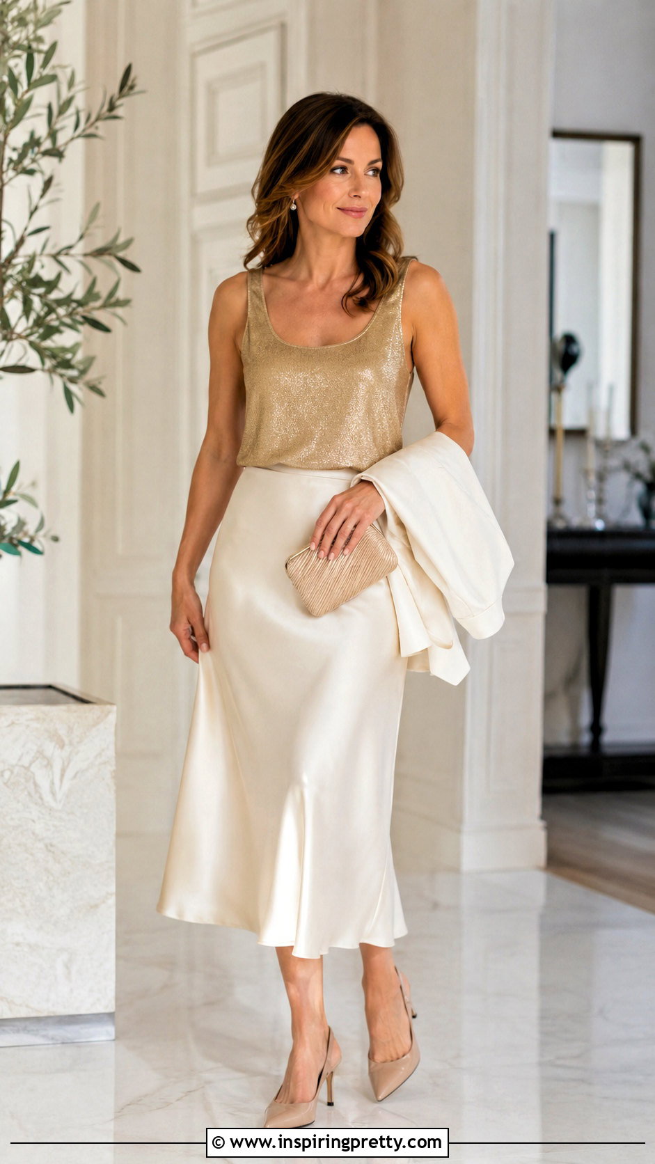 Zara Gold Tank Top With Cream Satin Midi Skirt - 20 gold tank top zara outfit ideas