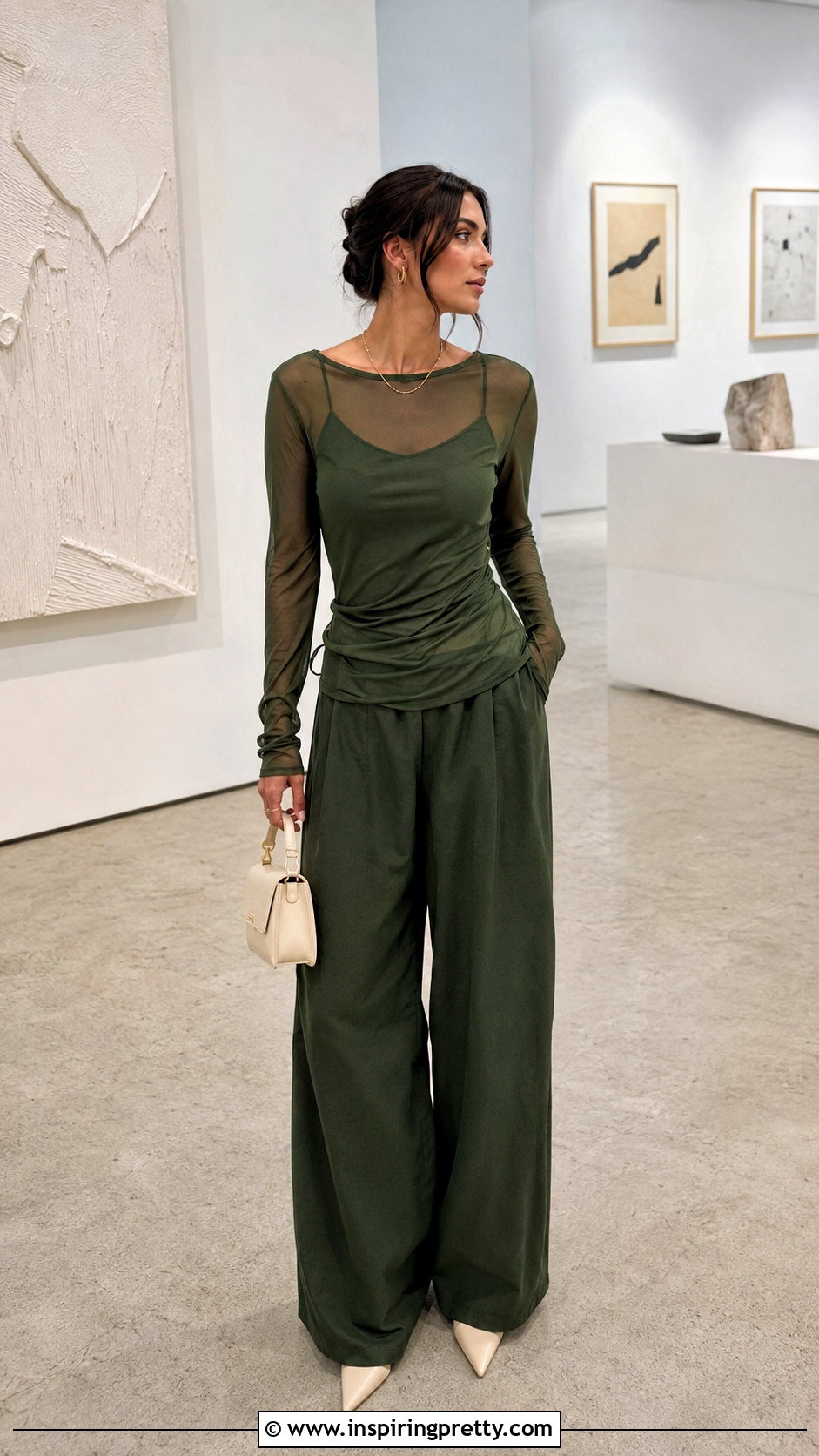 Zara Green Mesh Top With Green Wide Leg Pants - 20 Zara Green Mesh Top outfit ideas