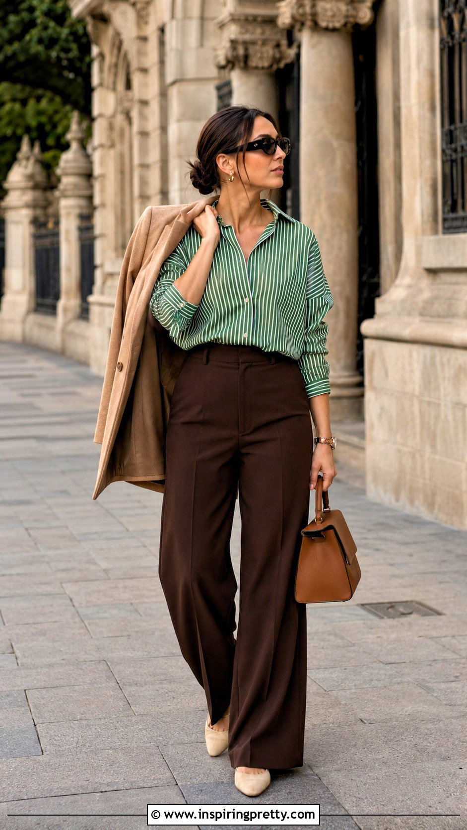 Zara Green Striped Top With Chocolate Brown Pants - 20 zara green striped top outfit ideas