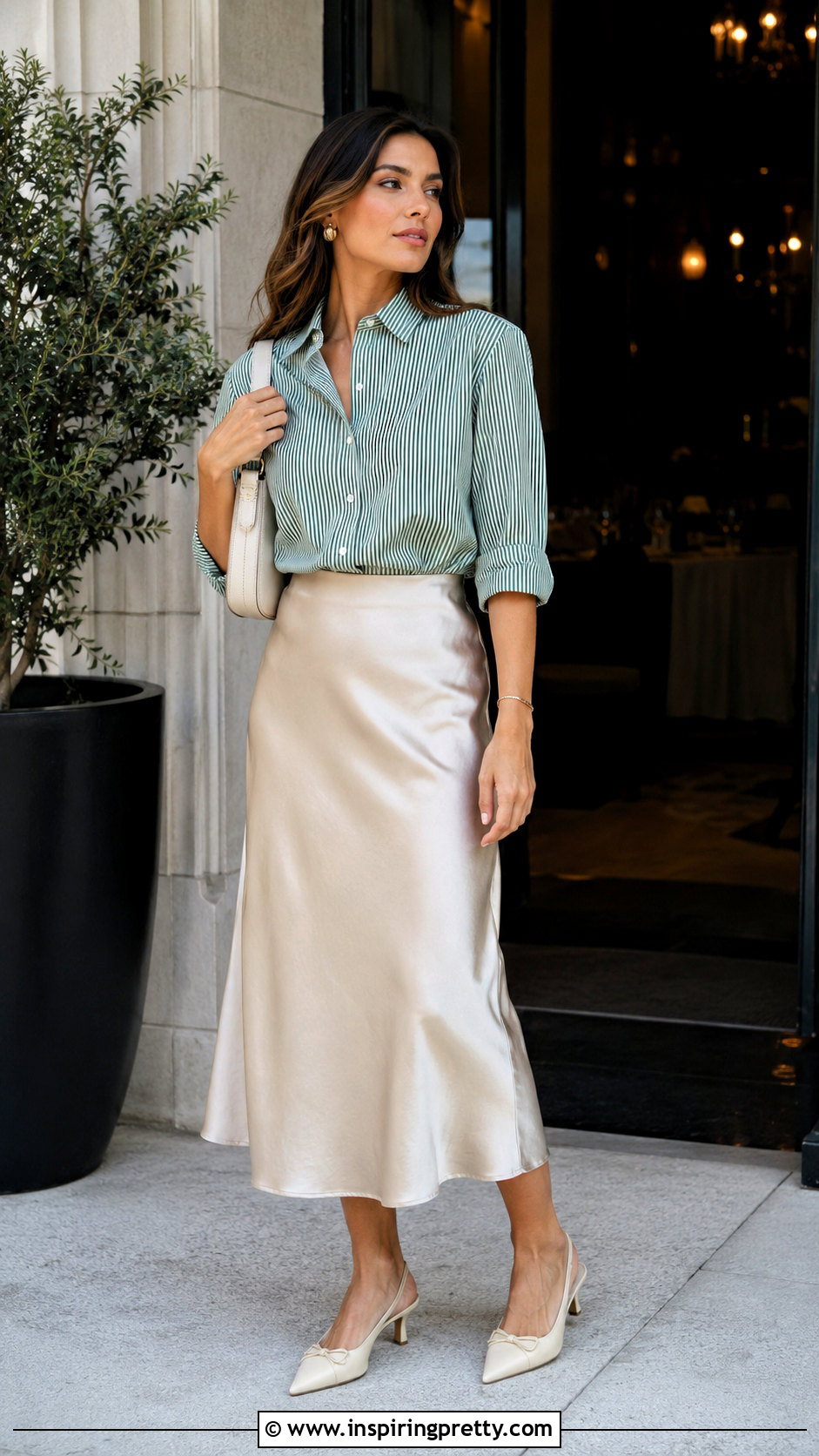 Zara Green Striped Top With Satin Midi Skirt - 20 zara green striped top outfit ideas