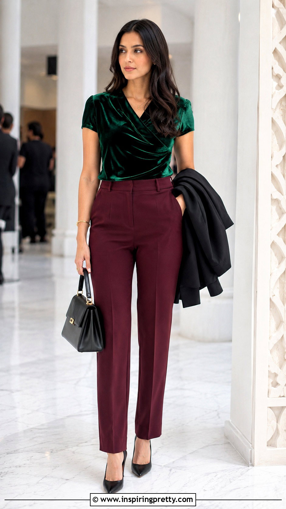 Zara Green Velvet Top With Burgundy Trousers - 20 zara green velvet top outfit ideas
