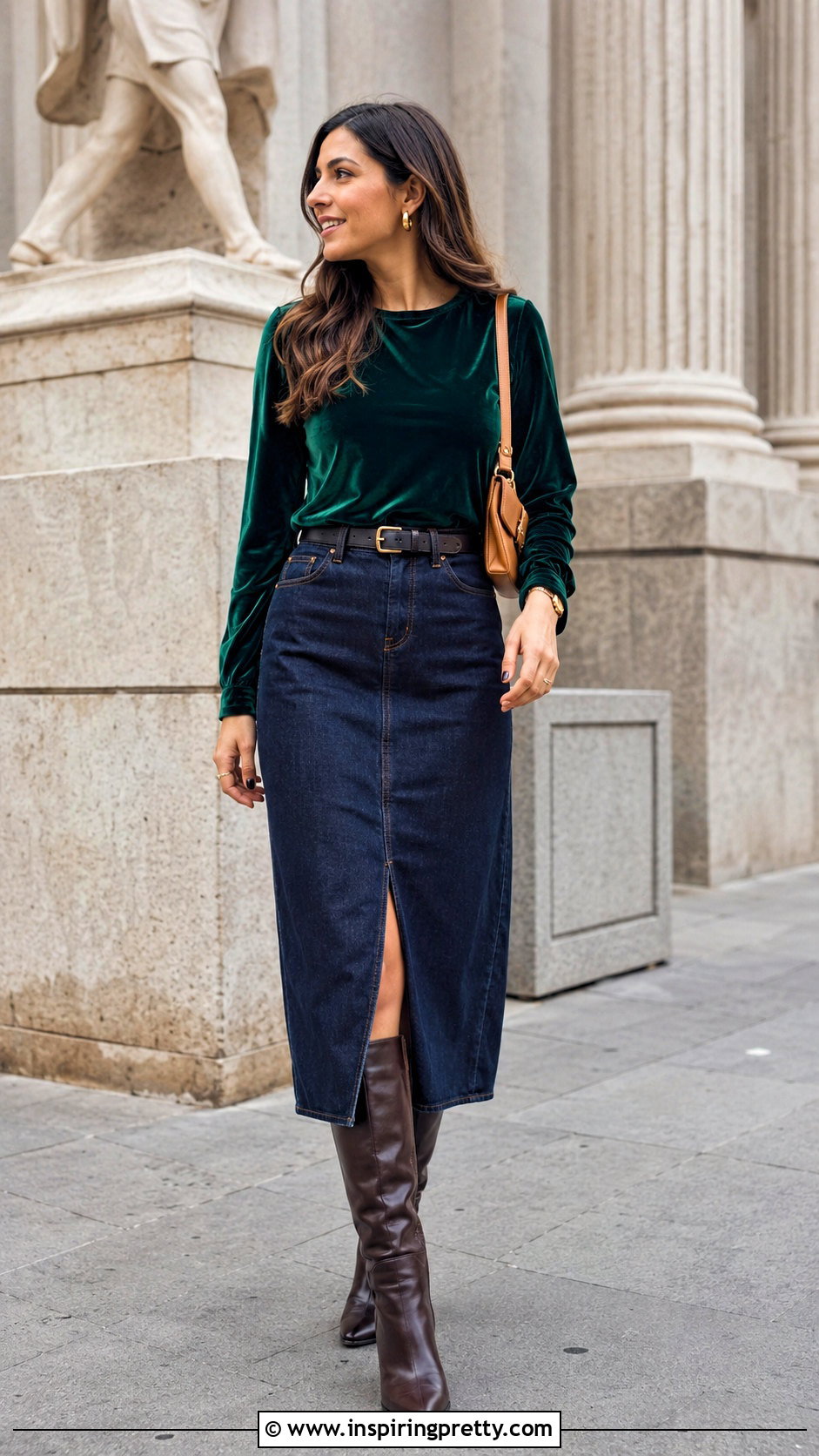 Zara Green Velvet Top With Denim Midi Skirt - 20 zara green velvet top outfit ideas