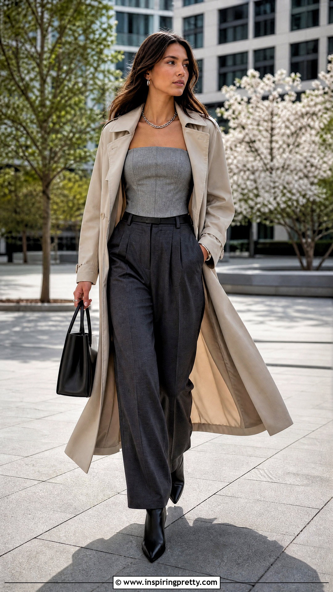 Zara Grey Corset Top With Trench Coat And Trousers - 20 Zara Grey Corset Top outfit ideas