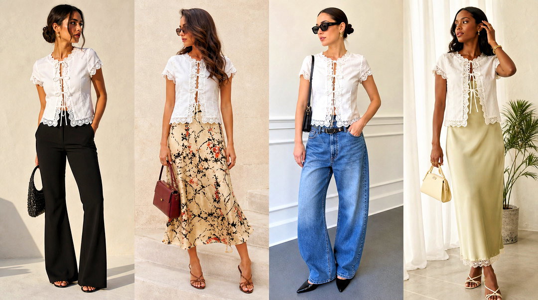20 Zara Lace Trim Bow Top Outfit Ideas for Romantic Style