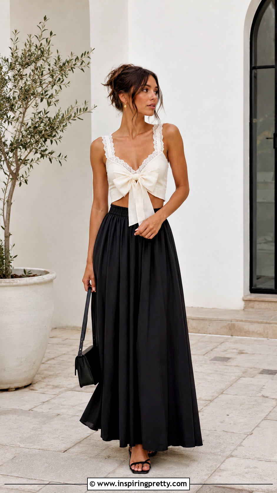 Zara Lace Trim Bow Top With Black Maxi Skirt - 20 zara lace trim bow top outfit ideas