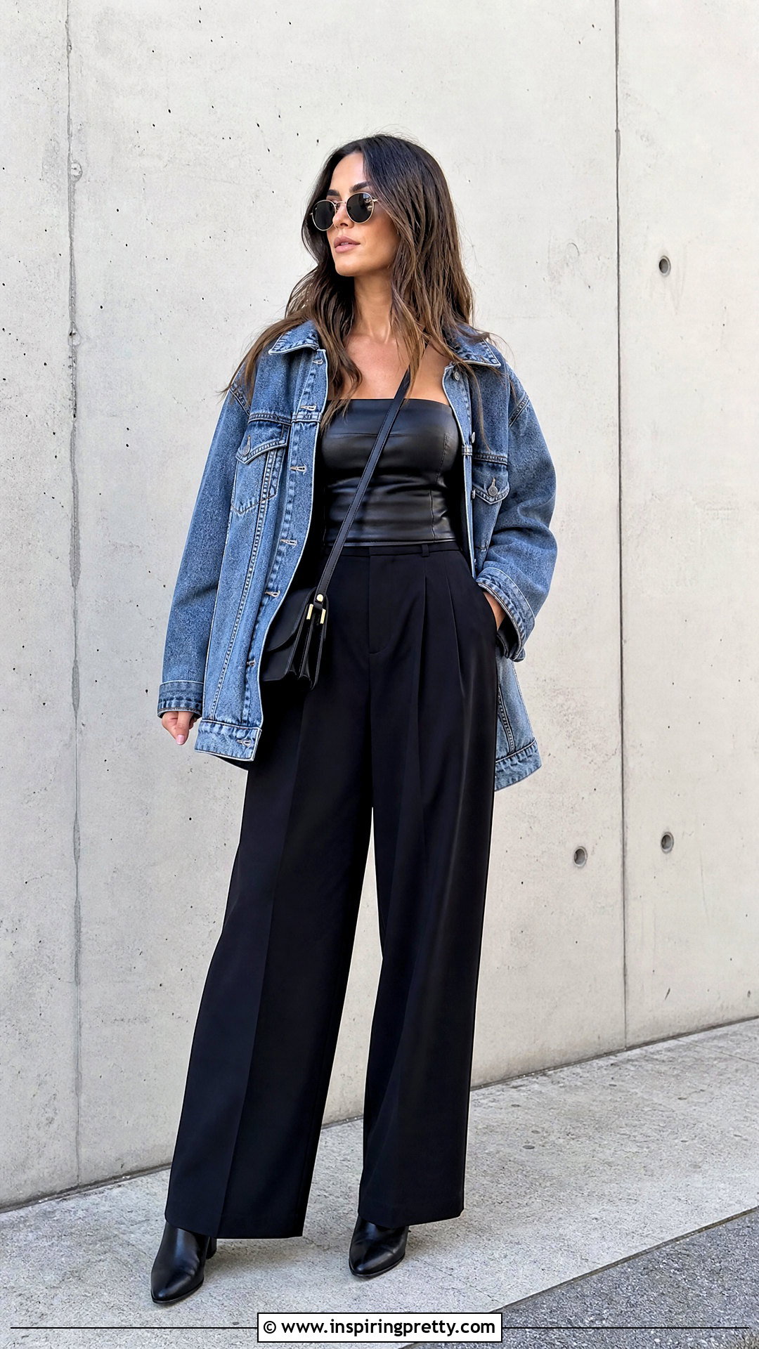 Zara Leather Tube Top With A Denim Jacket And Black Pants - 20 Leather Tube Top Zara outfit ideas