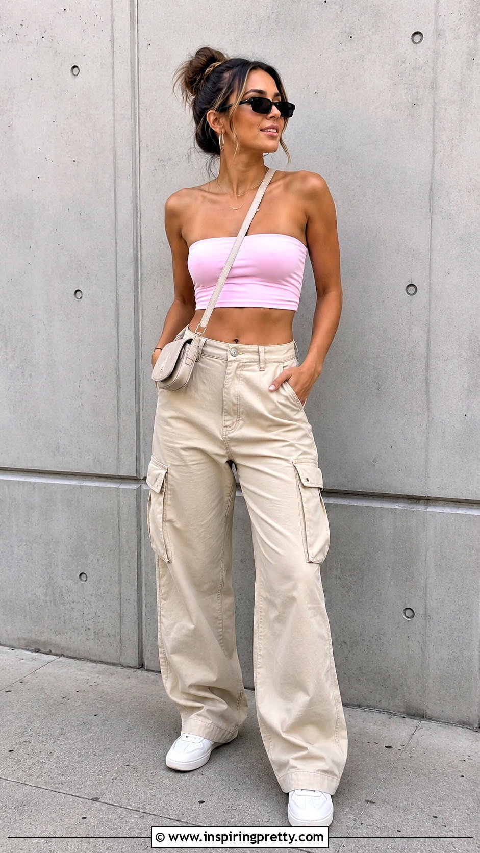Zara Pink Bandeau Top With Beige Cargo Pants - 20 zara pink bandeau top outfit ideas