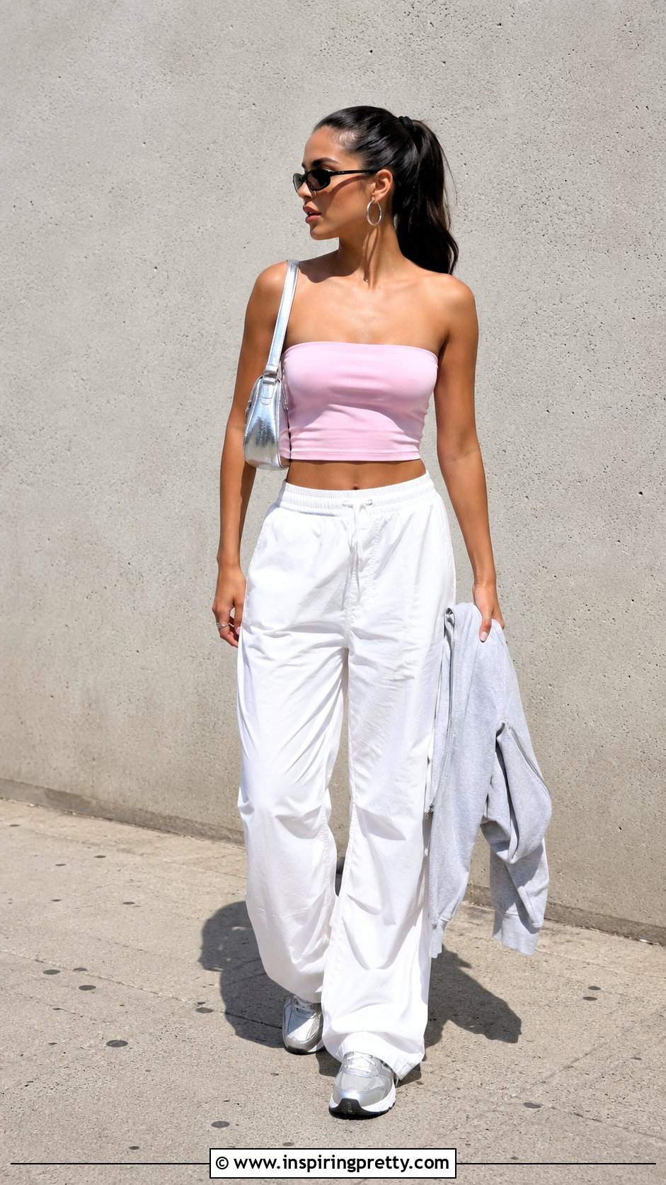 Zara Pink Bandeau Top With White Parachute Pants - 20 zara pink bandeau top outfit ideas