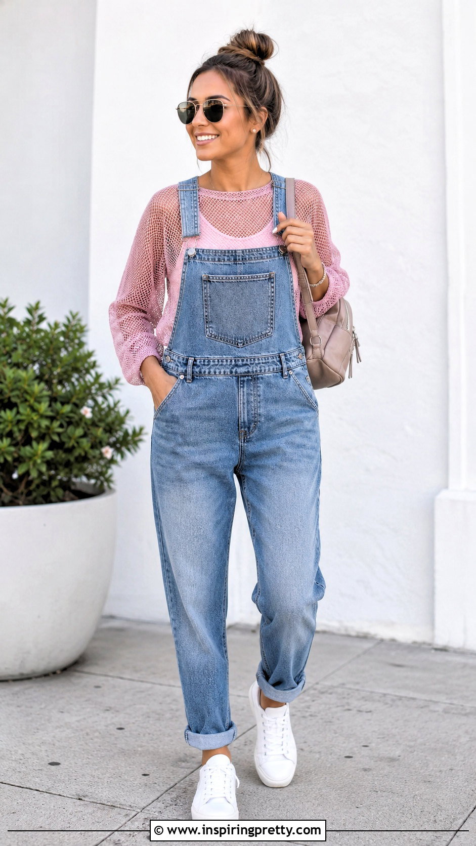 Zara Pink Mesh Top With Denim Overalls - 20 Zara Pink Mesh Top outfit ideas